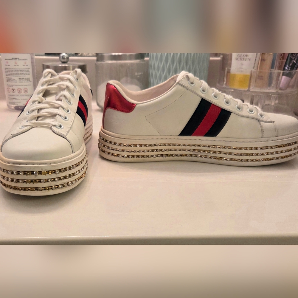 Gucci Women’s Ace Embellished Crystal White Sneakers 37 - Picture 5 of 9